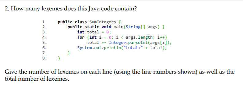 Solved 2. How many lexemes does this Java code contain? | Chegg.com