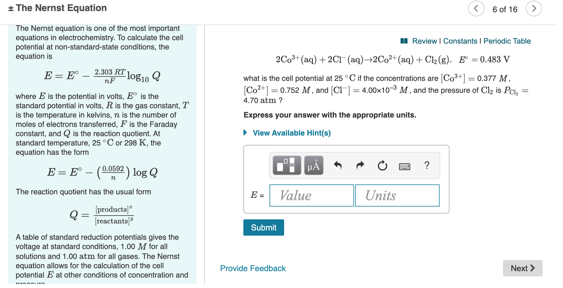 Solved The Nernst Equation 6 Of 16 The Nernst Equat Chegg Com