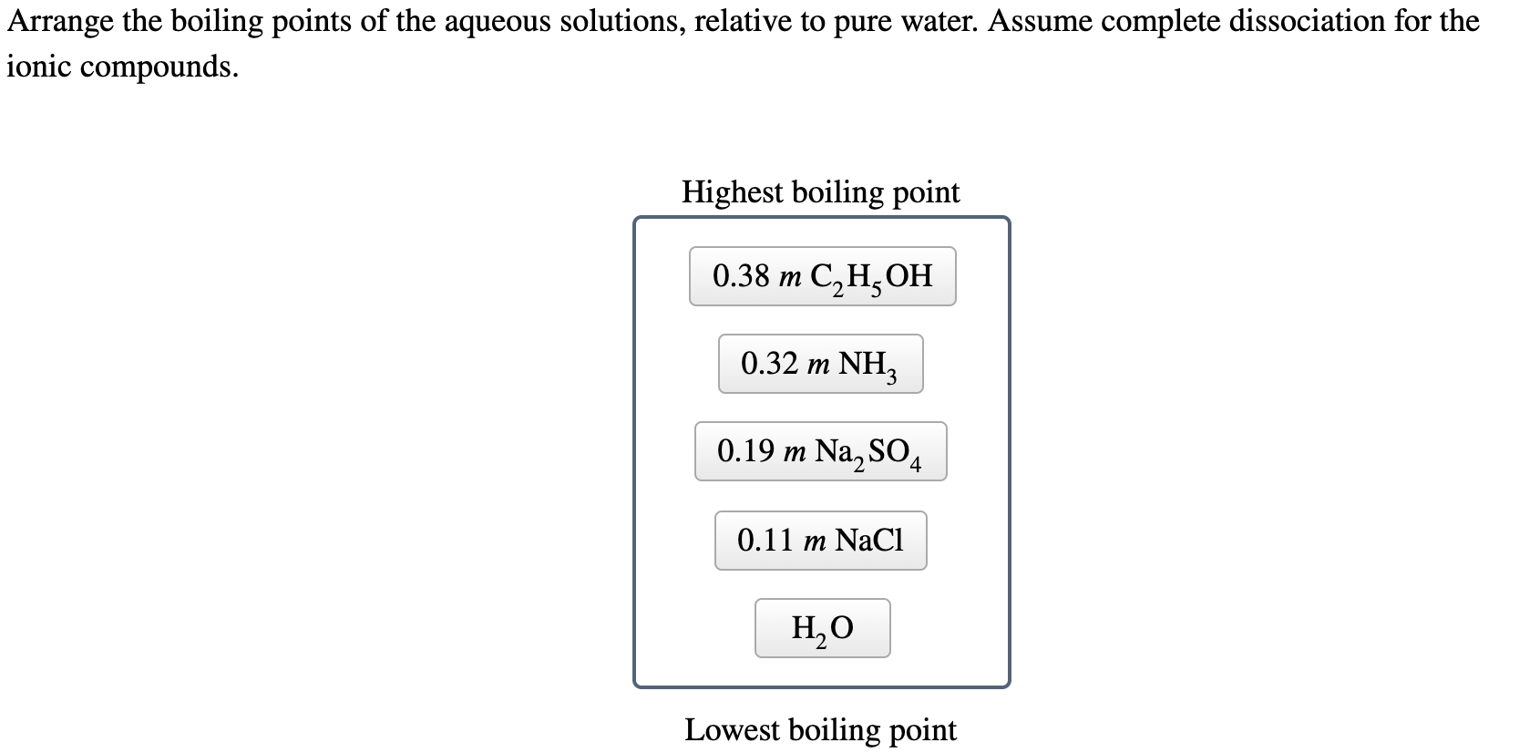 Solved Arrange The Boiling Points Of The Aqueous Solutions Chegg Com