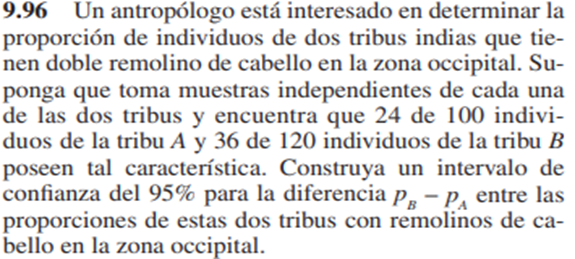 9.96 Un antropólogo está interesado en determinar la proporción de individuos de dos tribus indias que tienen doble remolino