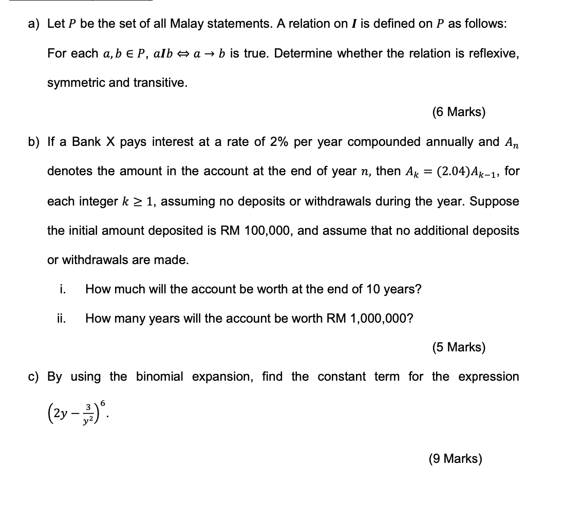 a) Let \( P \) be the set of all Malay statements. A relation on \( \boldsymbol{I} \) is defined on \( P \) as follows:
For e