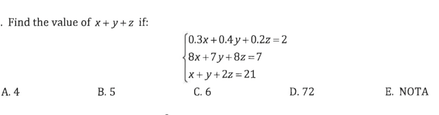 Find the value of \( x+y+z \) if: \[ \left\{\begin{array}{l} 0.3 x+0.4 y+0.2 z=2 \\ 8 x+7 y+8 z=7 \\ x+y+2 z=21 \end{array}\r