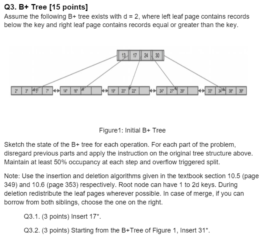 Q3. B+ Tree [15 points] Assume the following B+ tree | Chegg.com