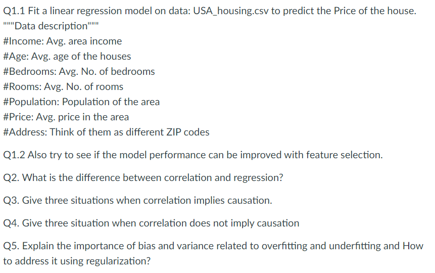 Solved Q1.1 Fit a linear regression model on data: | Chegg.com