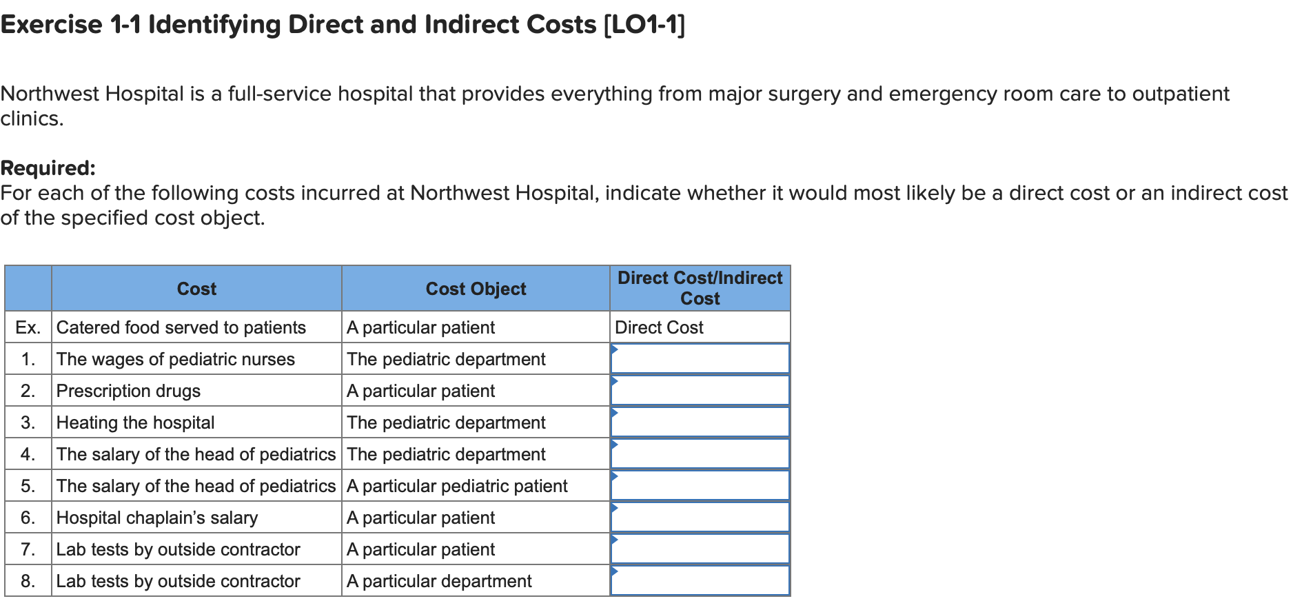 Solved Exercise 1-1 Identifying Direct and Indirect Costs | Chegg.com