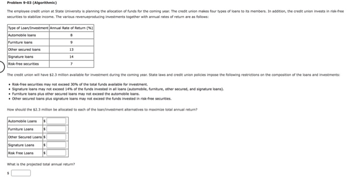 Solved Problem 9-03 (Algorithmic) The employee credit union | Chegg.com