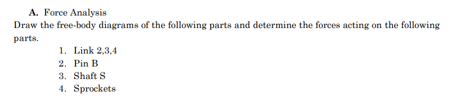 A. Force Analysis
Draw the free-body diagrams of the following parts and determine the forces acting on the following parts.
