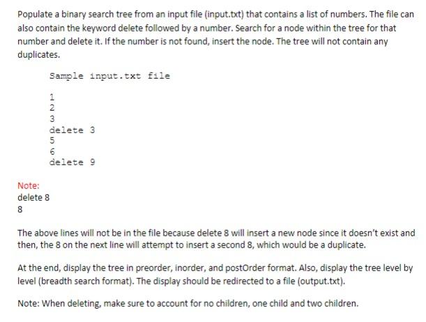 Solved Populate a binary search tree from an input file | Chegg.com