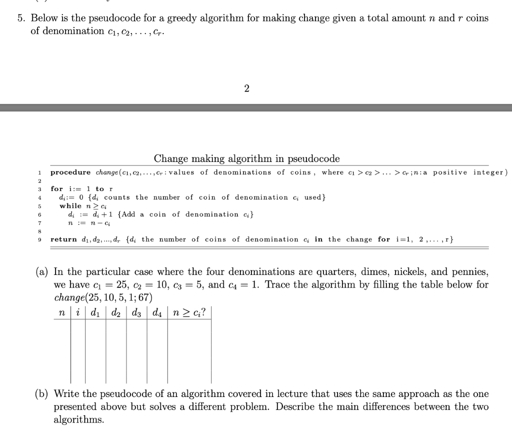 5. Below is the pseudocode for a greedy algorithm for | Chegg.com