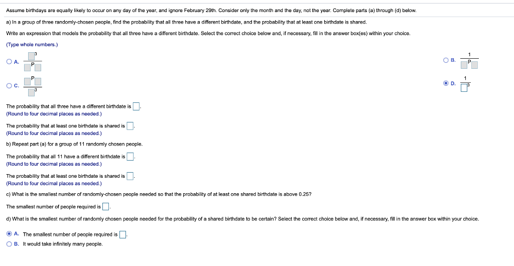 Solved Assume birthdays are equally likely to occur on any | Chegg.com