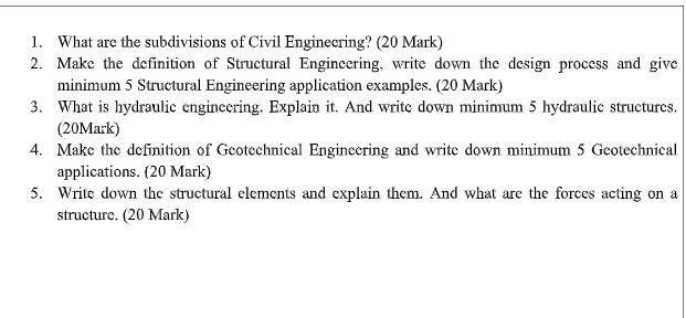 Solved 1. What are the subdivisions of Civil Enginecring? | Chegg.com