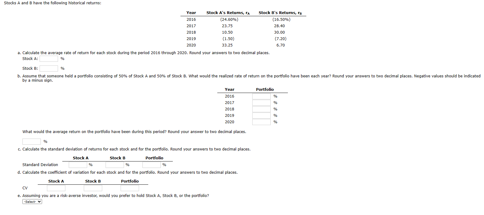 Solved Stocks A And B Have The Following Historical | Chegg.com