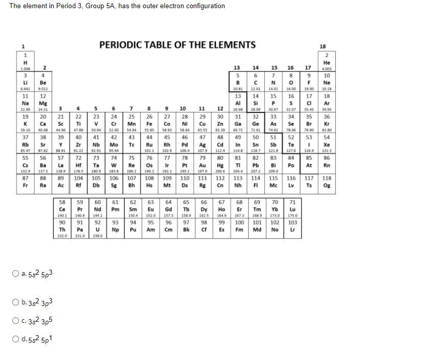 Solved The element in Period 3, Group 5A, has the outer | Chegg.com