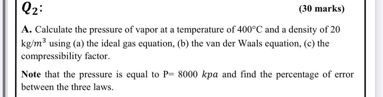 Solved Q2: (30 marks) A. Calculate the pressure of vapor at | Chegg.com