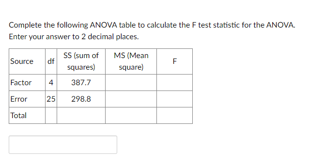 Solved Complete the following ANOVA table to calculate the F | Chegg.com