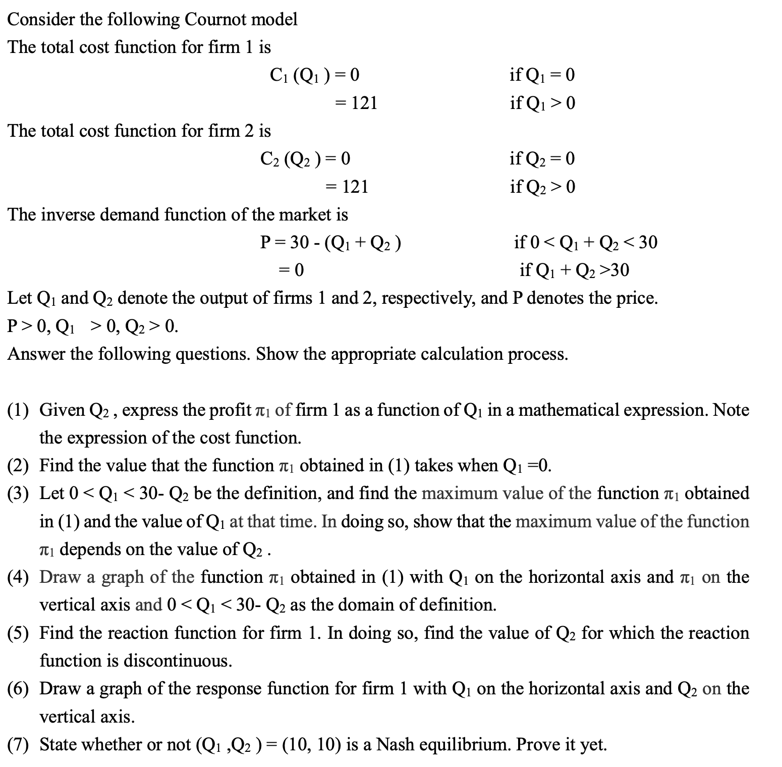 Solved Consider The Following Cournot Model The Total Cost | Chegg.com