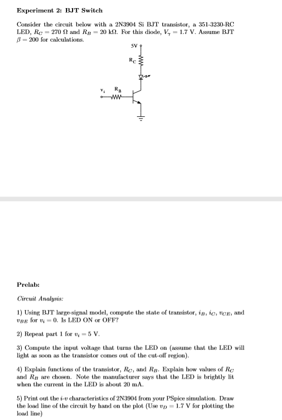 Solved Experiment 2: BJT Switch Consider The Circuit Below | Chegg.com