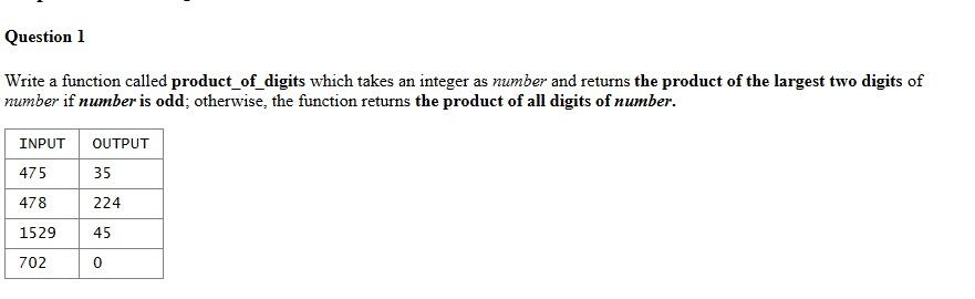 Solved Question 1 Write a function called product_of_digits | Chegg.com