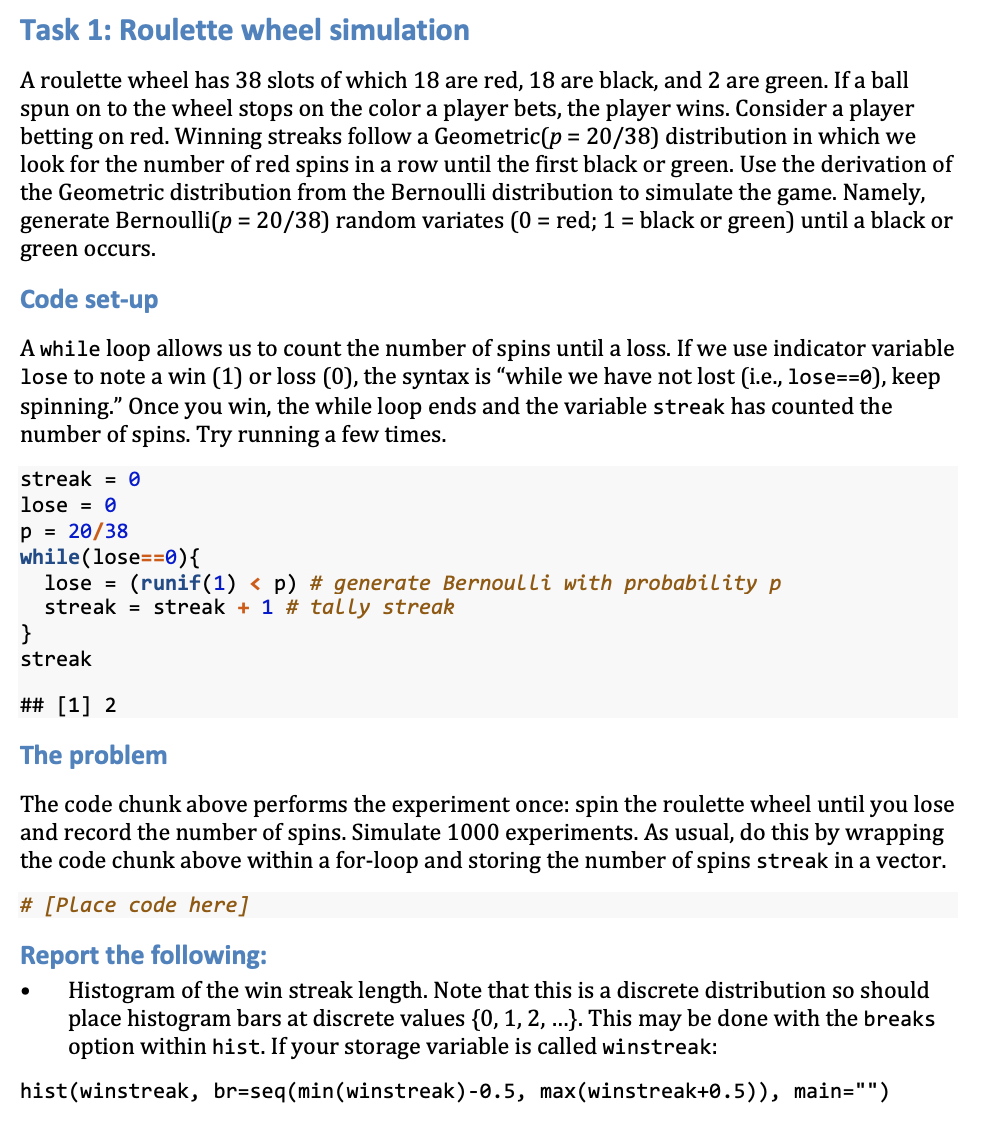 Task 1 Roulette wheel simulation A roulette wheel