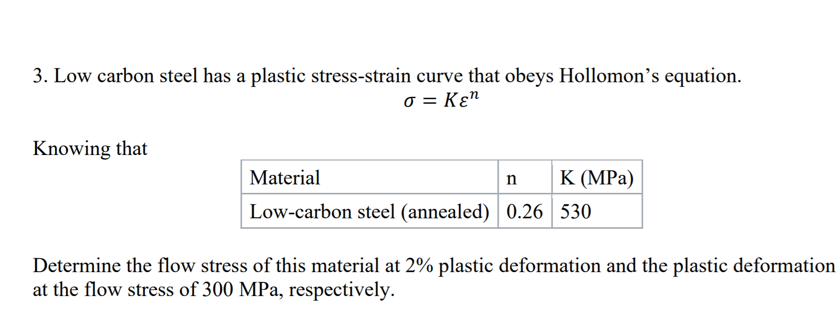 Solved 3. Low carbon steel has a plastic stress-strain curve | Chegg.com