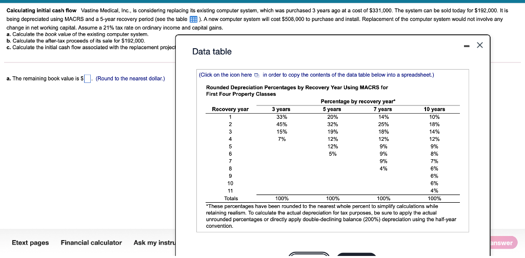 Solved Calculating initial cash flow Vastine Medical, Inc., | Chegg.com