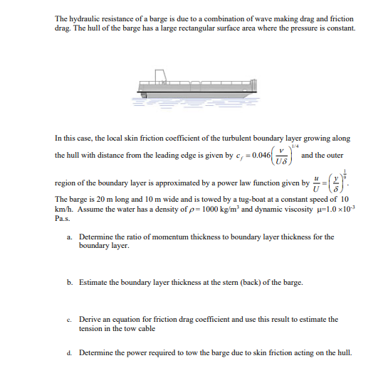 Solved The Hydraulic Resistance Of A Barge Is Due To A Chegg