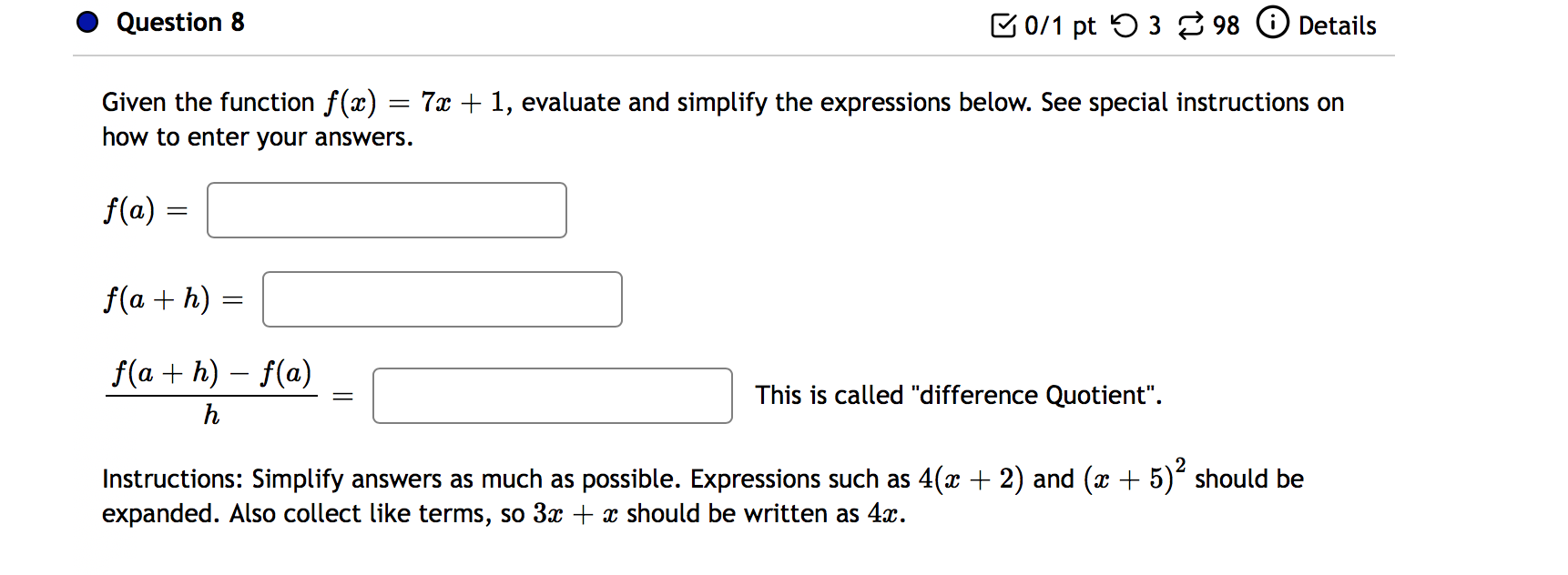 Solved Question 8 50/1 pt 5398 Details Given the function | Chegg.com