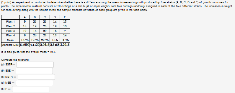 Solved (1 point) An experiment is conducted to determine | Chegg.com