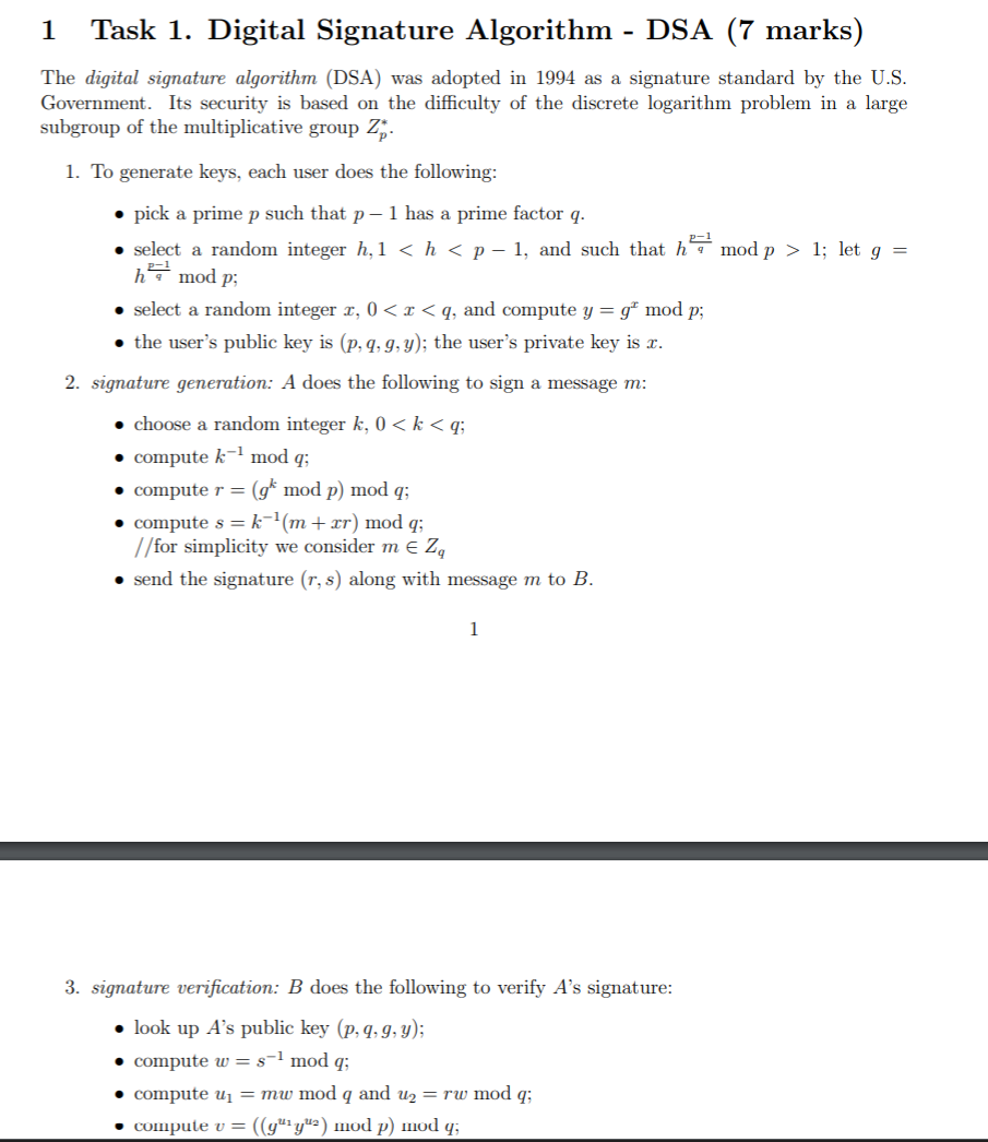 1 Task 1 Digital Signature Algorithm Dsa 7 Mar Chegg Com