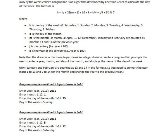 Solved (Day of the week) Zeller's congruence is an algorithm | Chegg.com