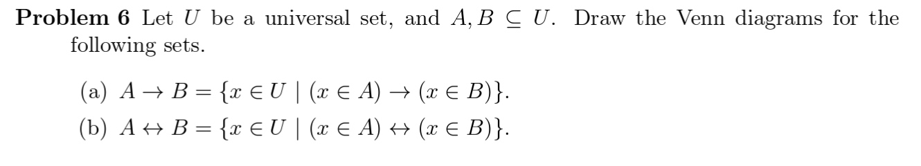 Solved Problem 6 Let U be a universal set, and A, B CU. Draw | Chegg.com