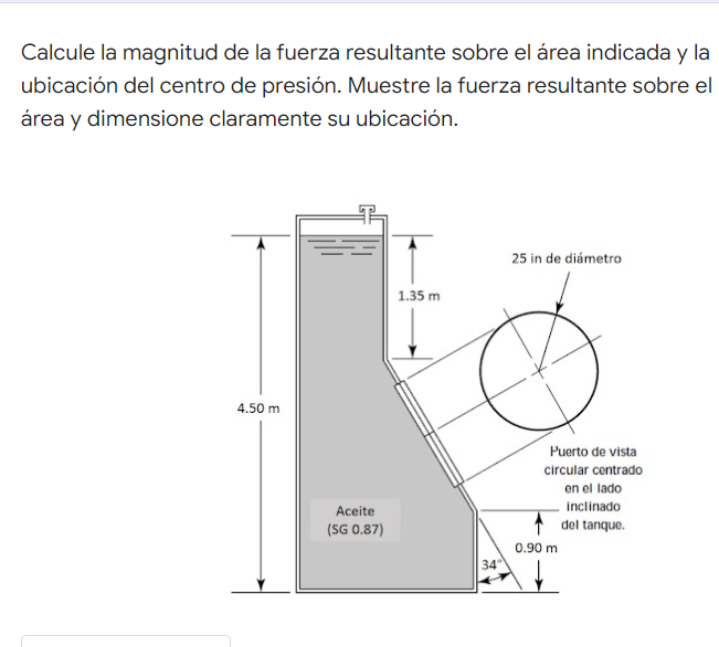 Calcule la magnitud de la fuerza resultante sobre el área indicada y la ubicación del centro de presión. Muestre la fuerza re