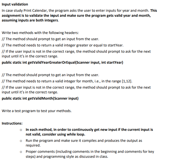 Solved Input validation In case study Print Calendar, the | Chegg.com