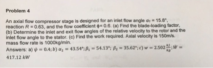 Solved Problem 4 An axial flow compressor stage is designed | Chegg.com