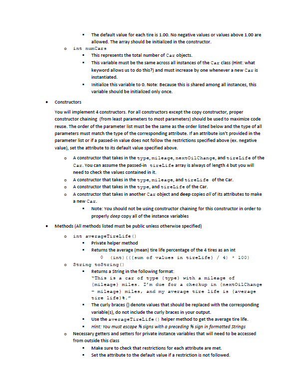Solved Car.java This file represents a Car object that will | Chegg.com