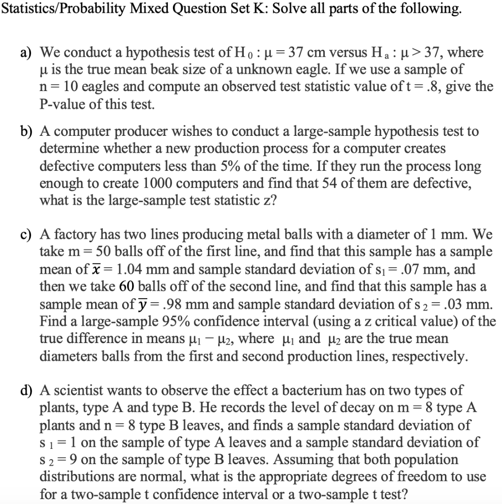 Solved Statistics/Probability Mixed Question Set K: Solve | Chegg.com