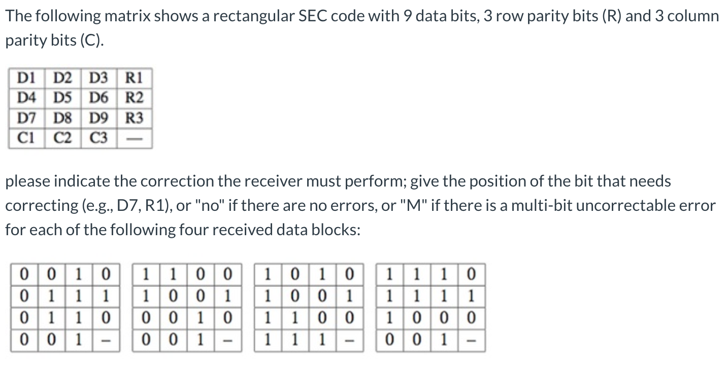 Solved The following matrix shows a rectangular SEC code | Chegg.com