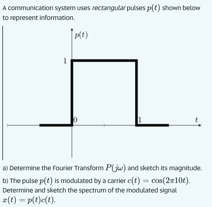 A communication system uses rectangular pulses \( p(t) \) shown below to represent information.
a) Determine the Fourier Tran