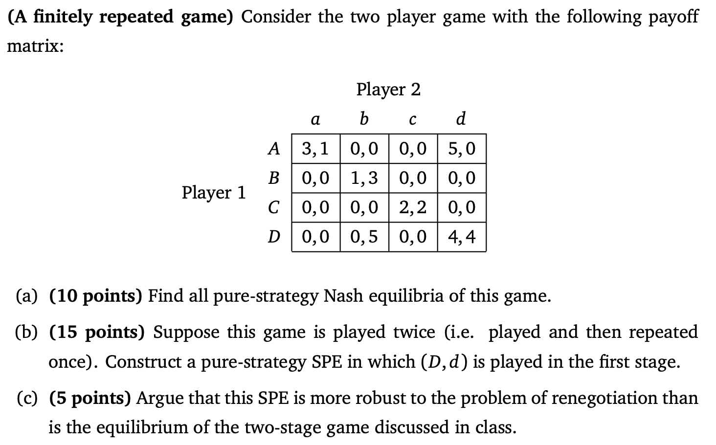 Solved (A Finitely Repeated Game) Consider The Two Player | Chegg.com