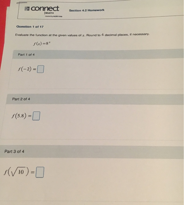 Solved connect section 4.2 Homework MATH Question 1 of 17 | Chegg.com