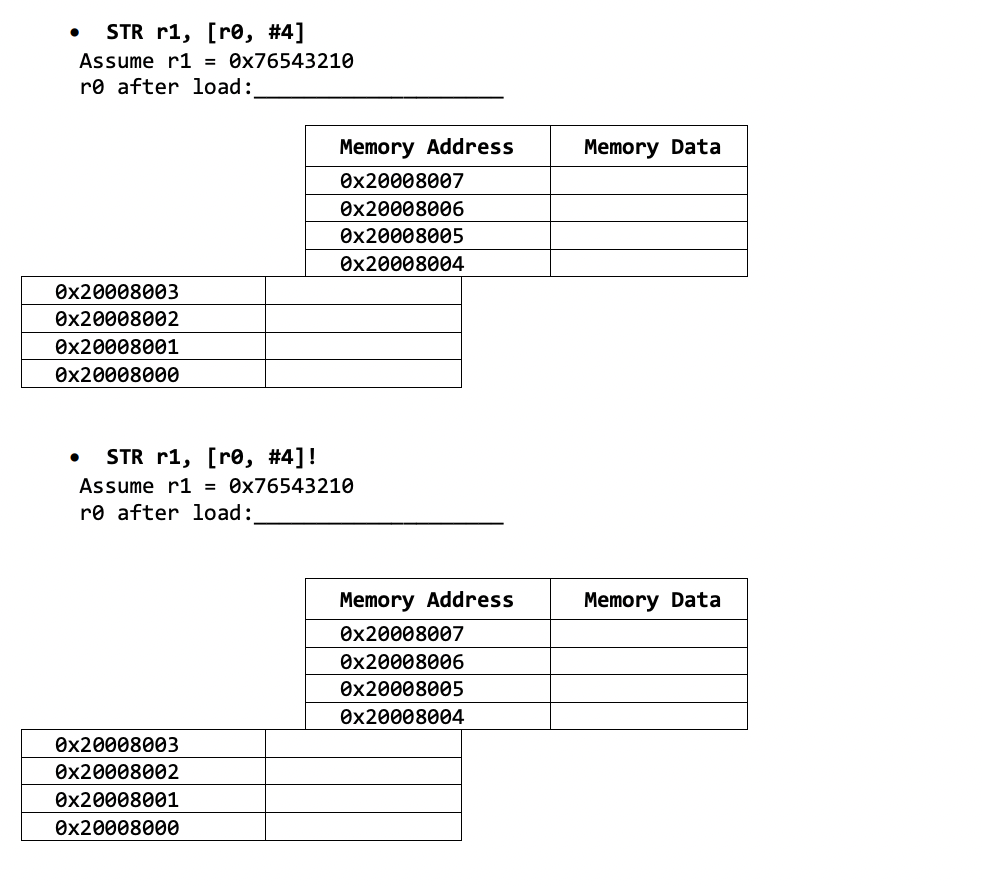 STR \( \mathbf{r} 1,[\mathbf{r} \mathbf{\theta}, \# 4] \) Assume \( r 1=0 \times 76543210 \) ro after load: - STR \( \mathbf{