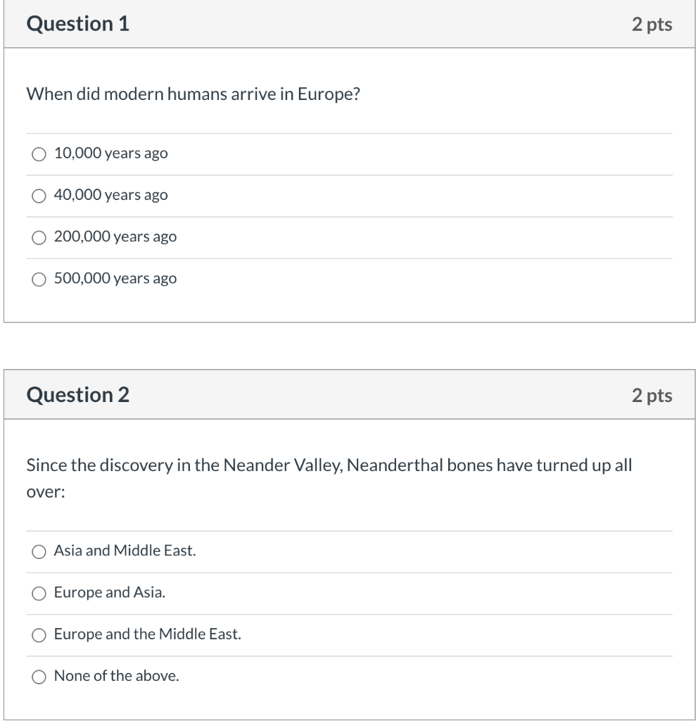 Solved Question 1 2 Pts When Did Modern Humans Arrive In Chegg Com