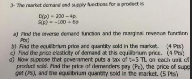 Solved 3- The market demand and supply functions for a | Chegg.com