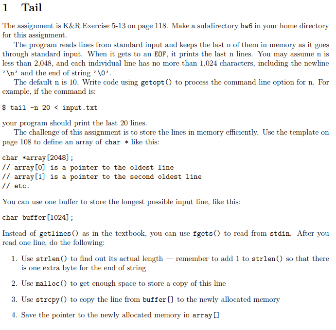 1 Tail The assignment is K&R Exercise 5-13 on page | Chegg.com