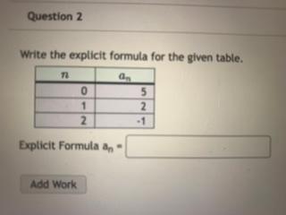 Solved Write the explicit formula for the given table. | Chegg.com
