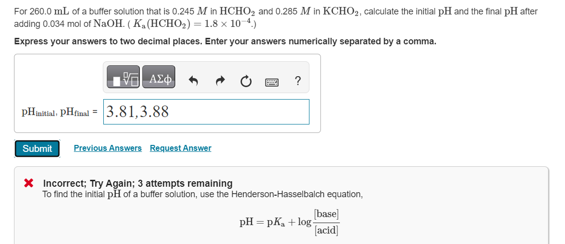 Solved For 260.0 mL of a buffer solution that is 0.245M in | Chegg.com