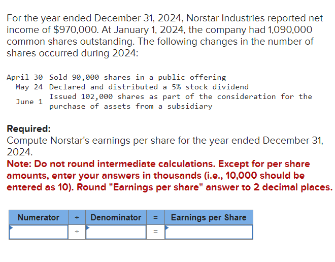 Solved For the year ended December 31, 2024, Norstar | Chegg.com