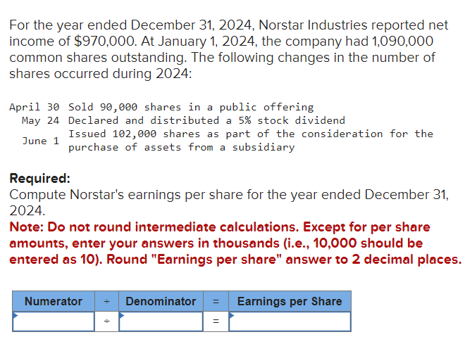 Solved For The Year Ended December 31, 2024, Norstar | Chegg.com