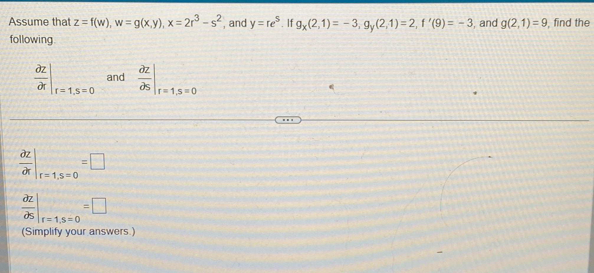 Solved Assume that z=f(w),w=g(x,y),x=2r3−s2, and y=res. If | Chegg.com