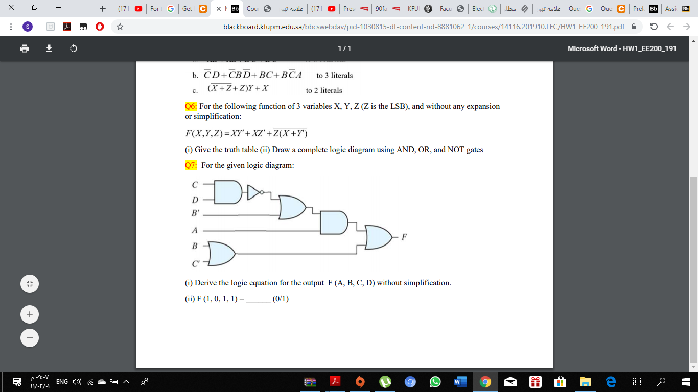 Solved For the given logic diagram: (i) Derive the logic | Chegg.com